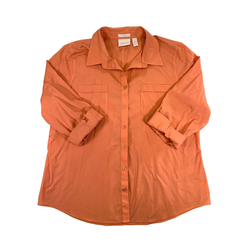 Chicos (L)Size 2 No Iron Button Down Shirt Womens Coral Orange 3/4 Sleeve Blouse